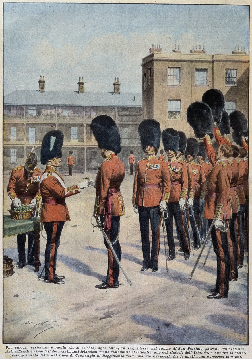 Uddeling af kløver til Saint Patrick (Patron of Ireland) af irske regimenter, England - tegning af A. Beltrame, i "La Domenica del Corriere"" af Achille Beltrame