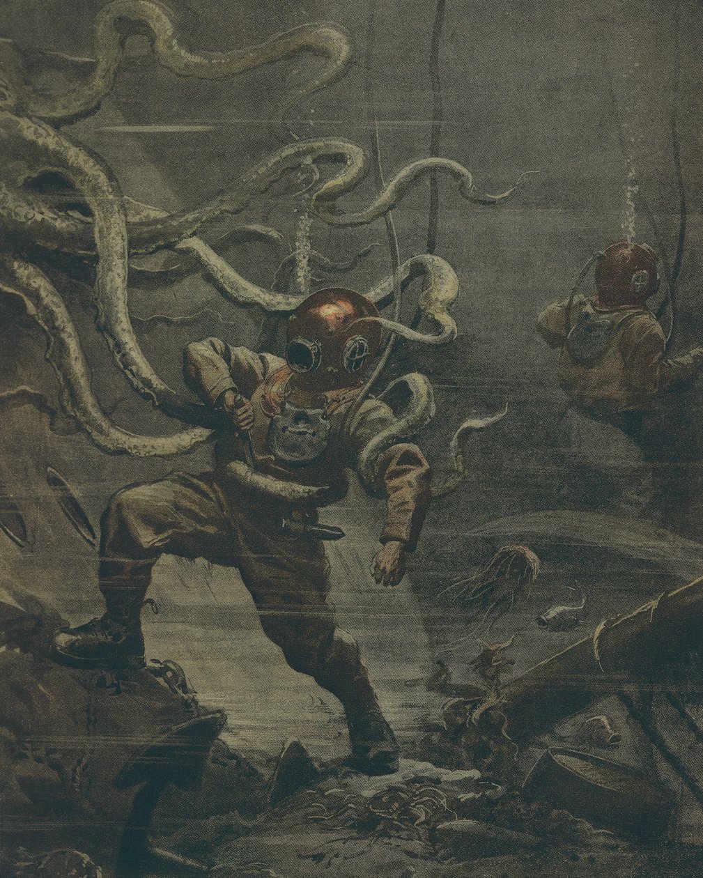 Dykkeren bliver angrebet af en kæmpe blæksprutte under et dyk, af Achille Beltrame, illustration, Illustrator Achille Beltrame (1871-1945), fra La Domenica del Corriere, 25. oktober 1908 af Achille Beltrame