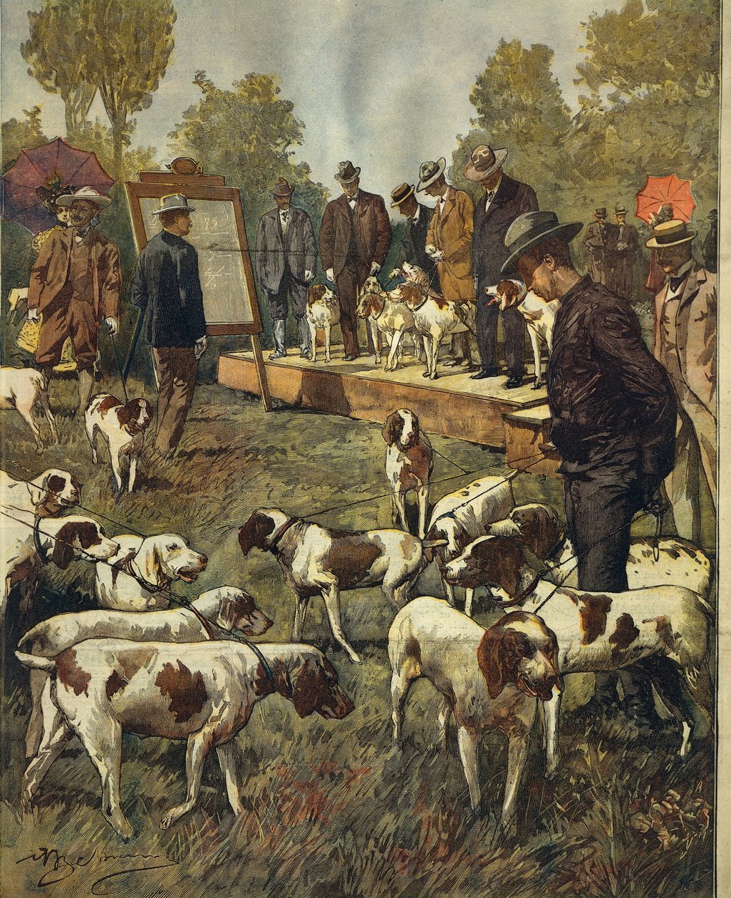 Hundeudstilling og feltforsøg med jagthunde i San Siro (Milano), af Achille Beltrame (1871-1945), fra La Domenica del Corriere, 2. juli 1899 af Achille Beltrame