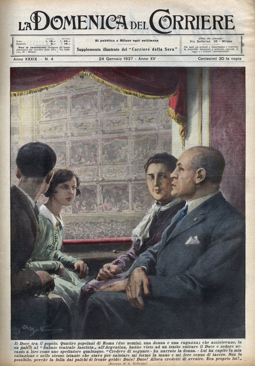 Duce Benito Mussolini, leder af den fascistiske regering, som kom for at se et show i "Teatro Argentina" i Rom, slår sig ned mellem italienske tilskuere, som er så tæt på ham. Illustration af Achille Beltrame i "" La domenica del corriere"" 24/01/1937. af Achille Beltrame