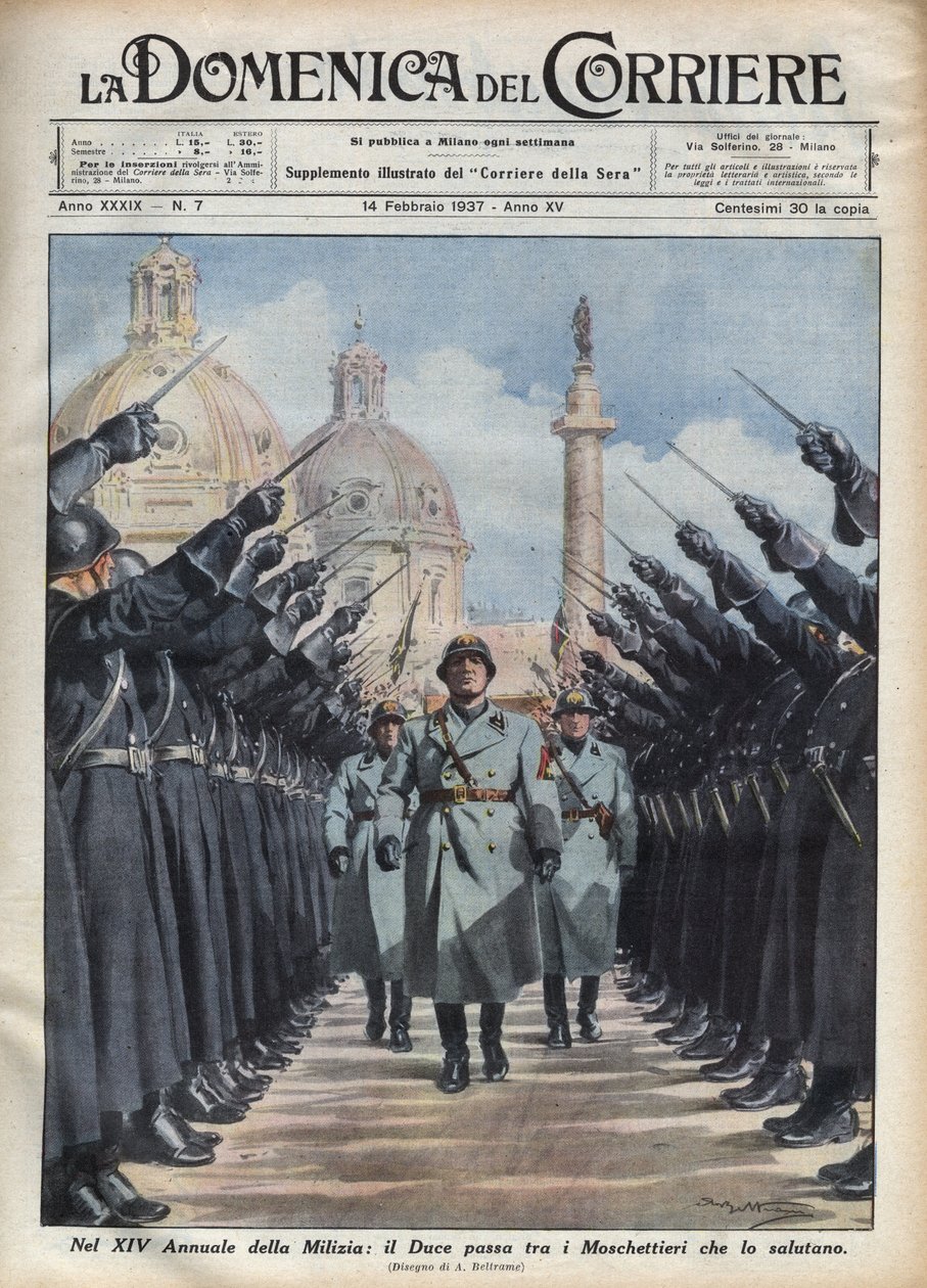 Hertug Benito Mussolini gennemgår "musketererne" fra Volunteer Militia for National Security i Rom. Illustration af Achille Beltrame i "" The Sunday of the Courier "" 14/02/1937. af Achille Beltrame
