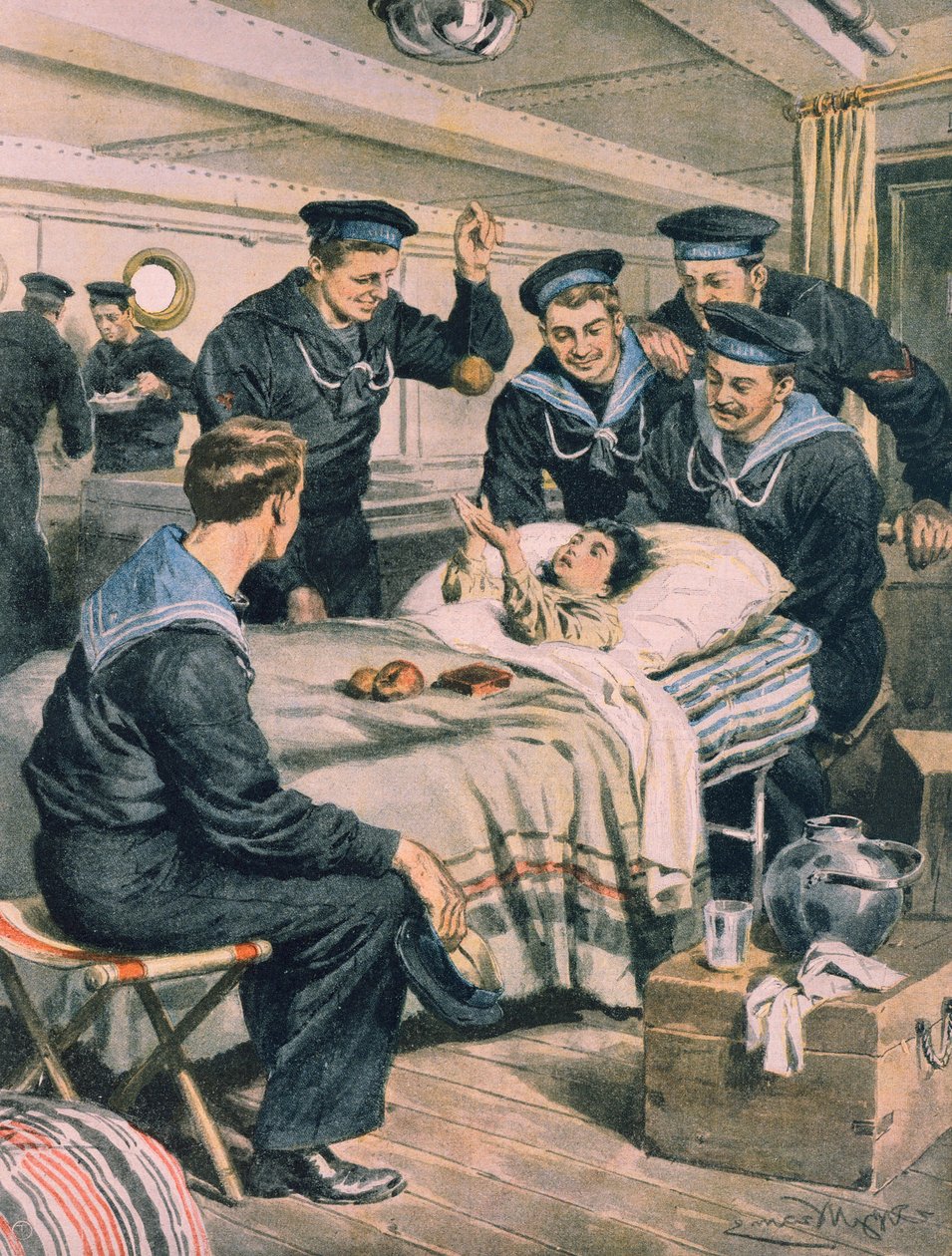 Jordskælv i Messina, barn bliver reddet af flåden fra ruiner og transporteret med skib, af Achille Beltrame, illustration, Illustrator Achille Beltrame (1871-1945), fra La Domenica del Corriere, 28. december 1908 af Achille Beltrame