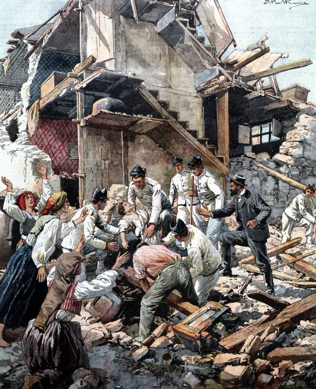 Jordskælv i Reggio (Calabrien) den 28/12/1908. Soldater leder i murbrokkerne efter jordskælvets ofre. Illustration af Beltrame. af Achille Beltrame