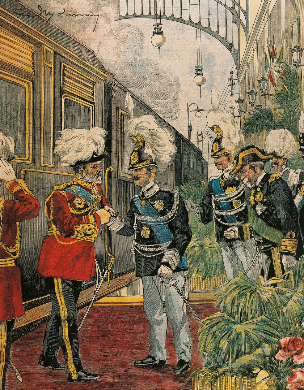 Edward VII, konge af England, ankommer til Rom, af Achille Beltrame, illustration, Illustrator Achille Beltrame (1871-1945), fra La Domenica del Corriere af Achille Beltrame