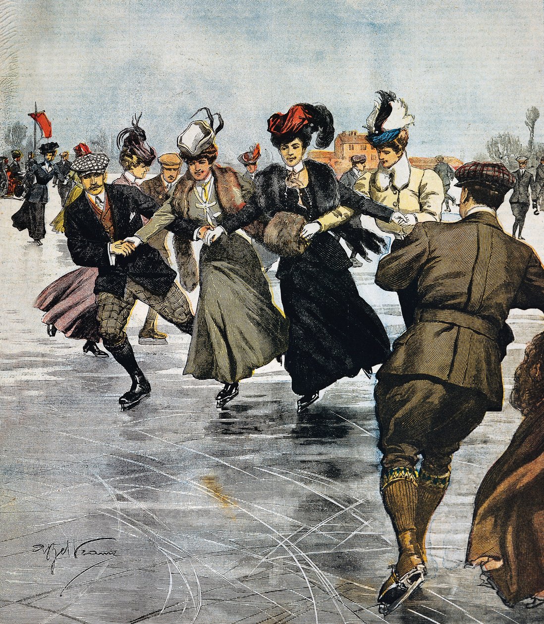 En vogue tidsfordriv, skøjteløb, illustration af Achille Beltrame (1871-1945), fra La Domenica del Corriere, 27. januar af Achille Beltrame