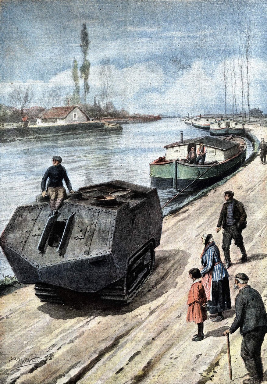 Afslutningen af Første Verdenskrig: den fredelige afslutning på en formidabel krigsmaskine. Tanks trækker nu pramme på den franske kanal. Ill. de Beltrame. La Domenica del Corriere. 03/1919. af Achille Beltrame