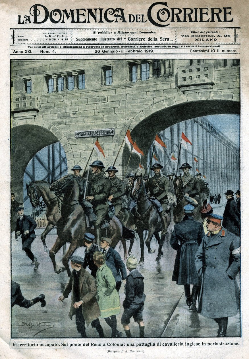 Engelsk tilstedeværelse i Tyskland: militærtropper på en Rhinbro i Köln. Illustration af Beltrame. La Domenica del Corriere. 01/1919. af Achille Beltrame