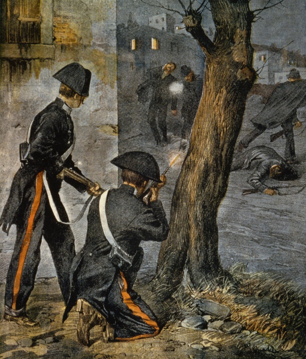 Episode af siciliansk mafia, konflikt mellem politi og gangstere i Trapani fra La Domenica del Corriere, 31. december af Achille Beltrame