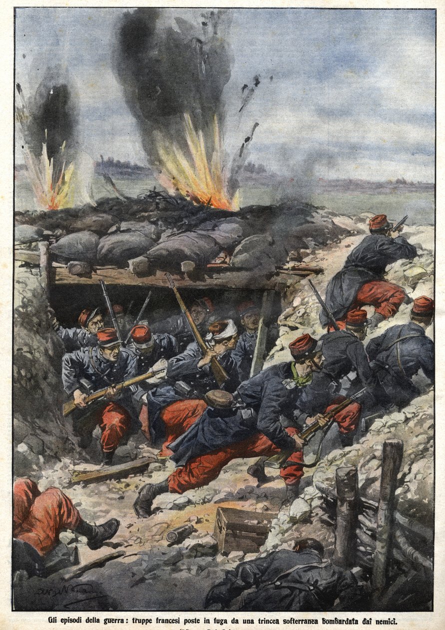 Episode af krigen i 1914: Franske tropper i skyttegravene bliver bombet af fjender. “La Domenica del Corriere” af Achille Beltrame