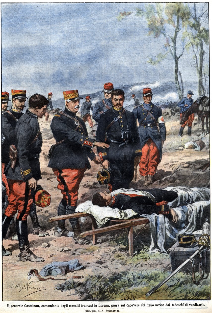 Episode af krigen i 1914: General Noel Edouard de Curieres de Castelnau (1851-1944), chef for den franske hær i Lorraine, sværger til liget af sin døde søn at hævne ham. Illustration af Achille Beltrame i "" La Domenica del Corriere"" af Achille Beltrame
