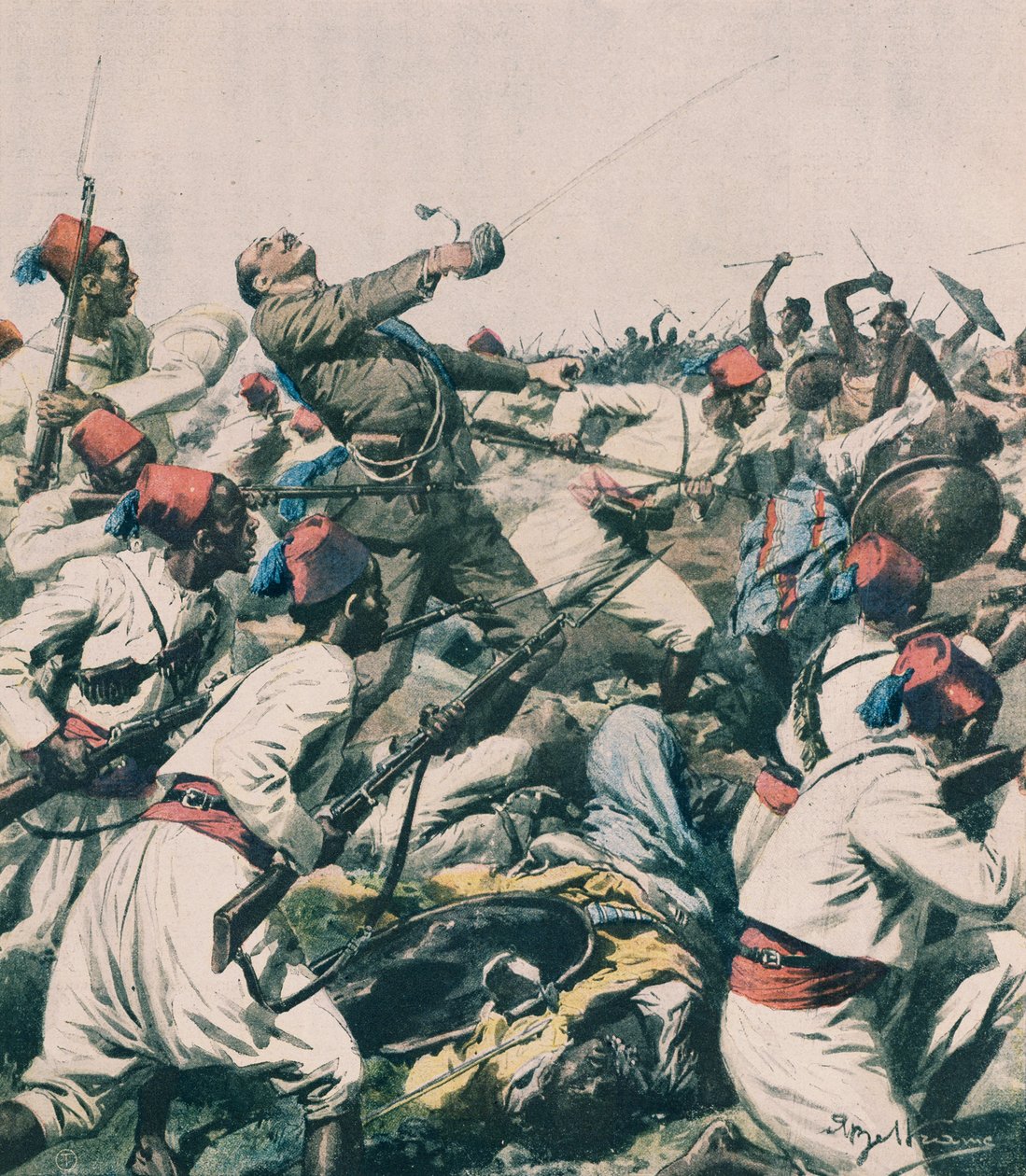 Etiopisk angreb på Lugh garnison og drab på kaptajn Bongiovanni, af Achille Beltrame, illustration, Achille Beltrame (1871-1945), fra La Domenica del Corriere af Achille Beltrame