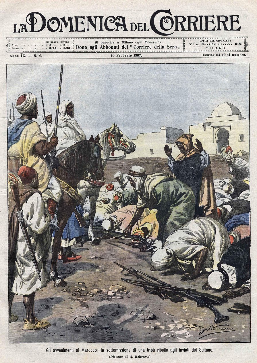Begivenheder i Marokko: en oprørsstamme overgiver sig til sultanens repræsentanter. Illustration af Beltrame. La Domenica del Corriere af Achille Beltrame
