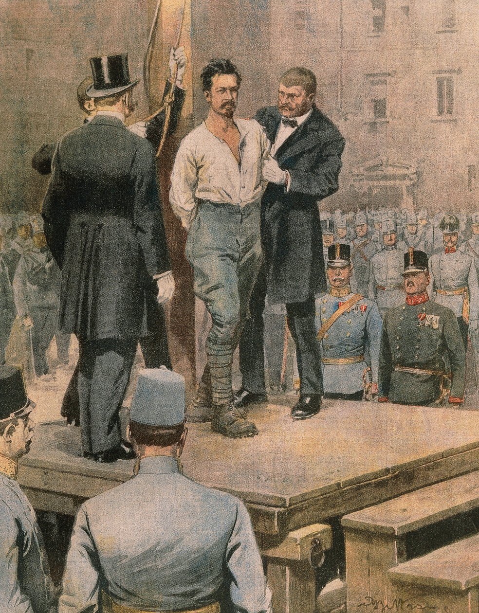 Henrettelse af Cesare Battisti i Trento, af Achille Beltrame, illustration, Illustrator Achille Beltrame (1871-1945), fra La Domenica del Corriere, juli 1916 af Achille Beltrame