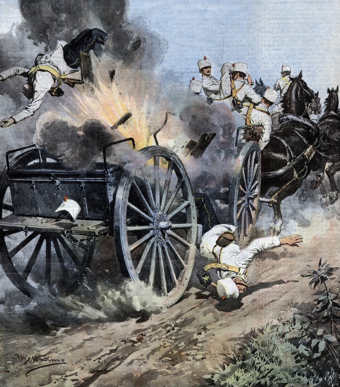 Eksplosion af en artillerikasse nær Capannori i Lucca-regionen under flytningen af det 7. regiment af artilleri af den italienske Armee. Ill. de Beltrame. La Domenica del Corriere. 08/1909. af Achille Beltrame
