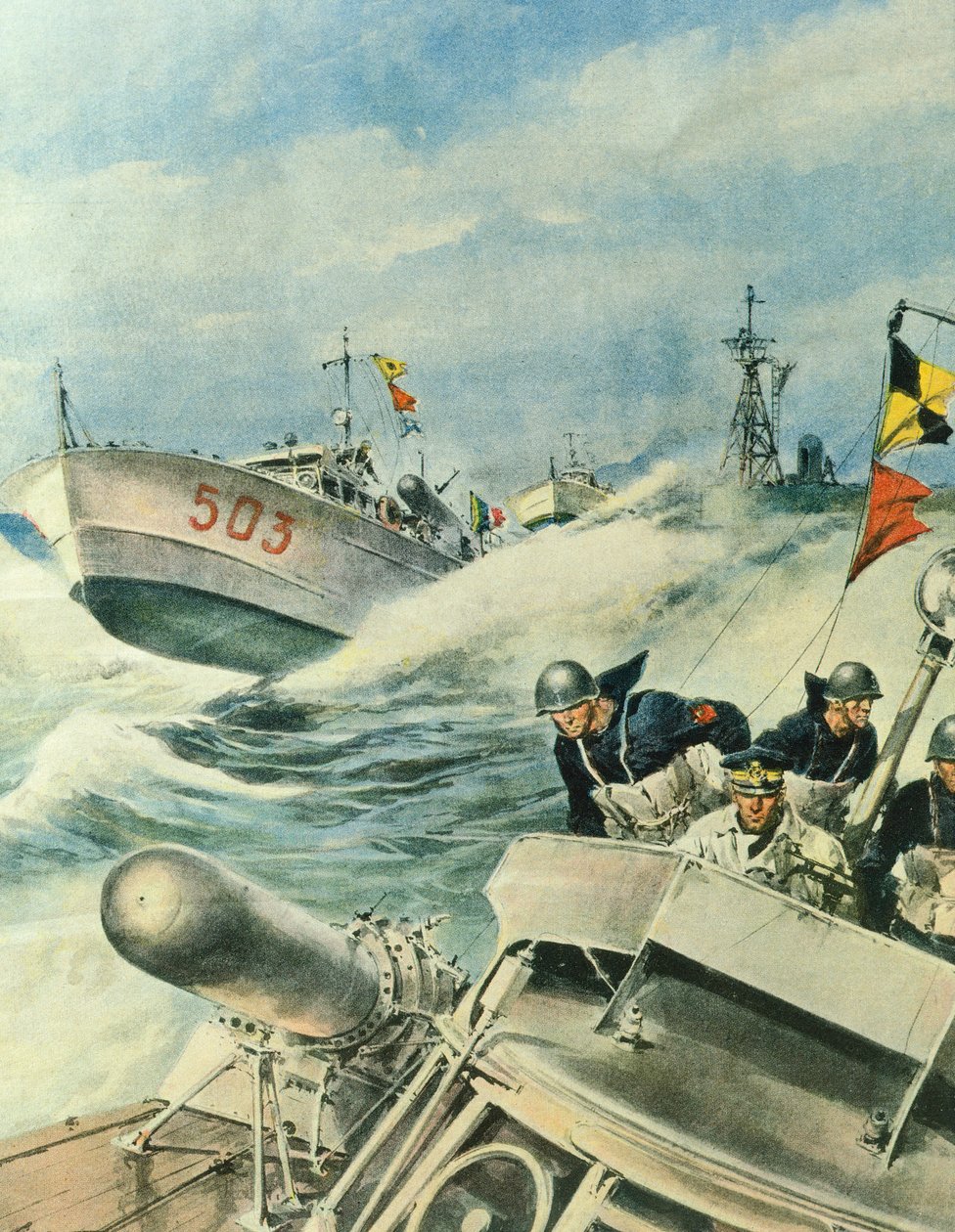 Hurtige italienske flådemotorbåde patruljerer området i Middelhavet, 12. september af Achille Beltrame