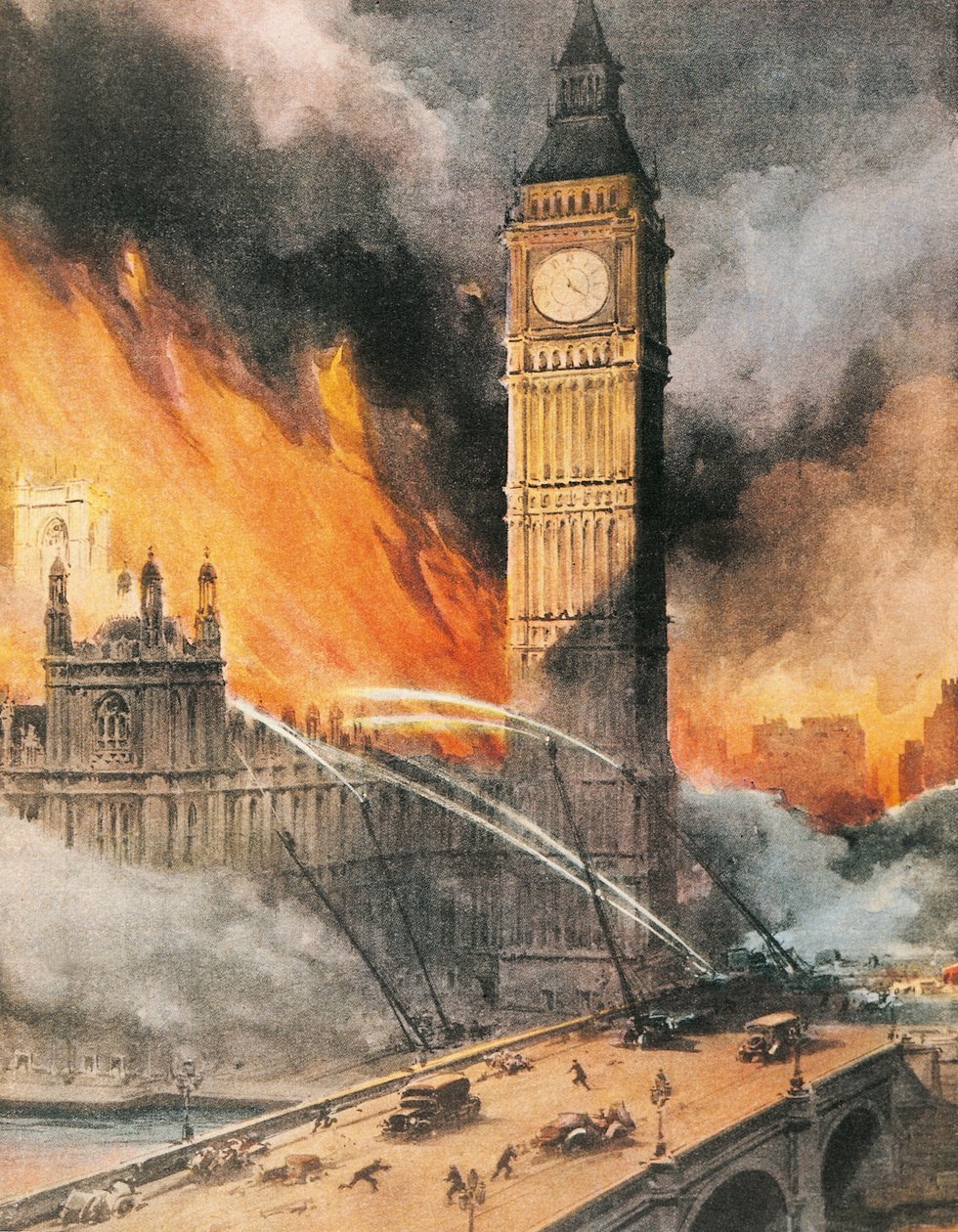 Brand ved Westminster Palace, London, efter tysk bombning, illustration fra 