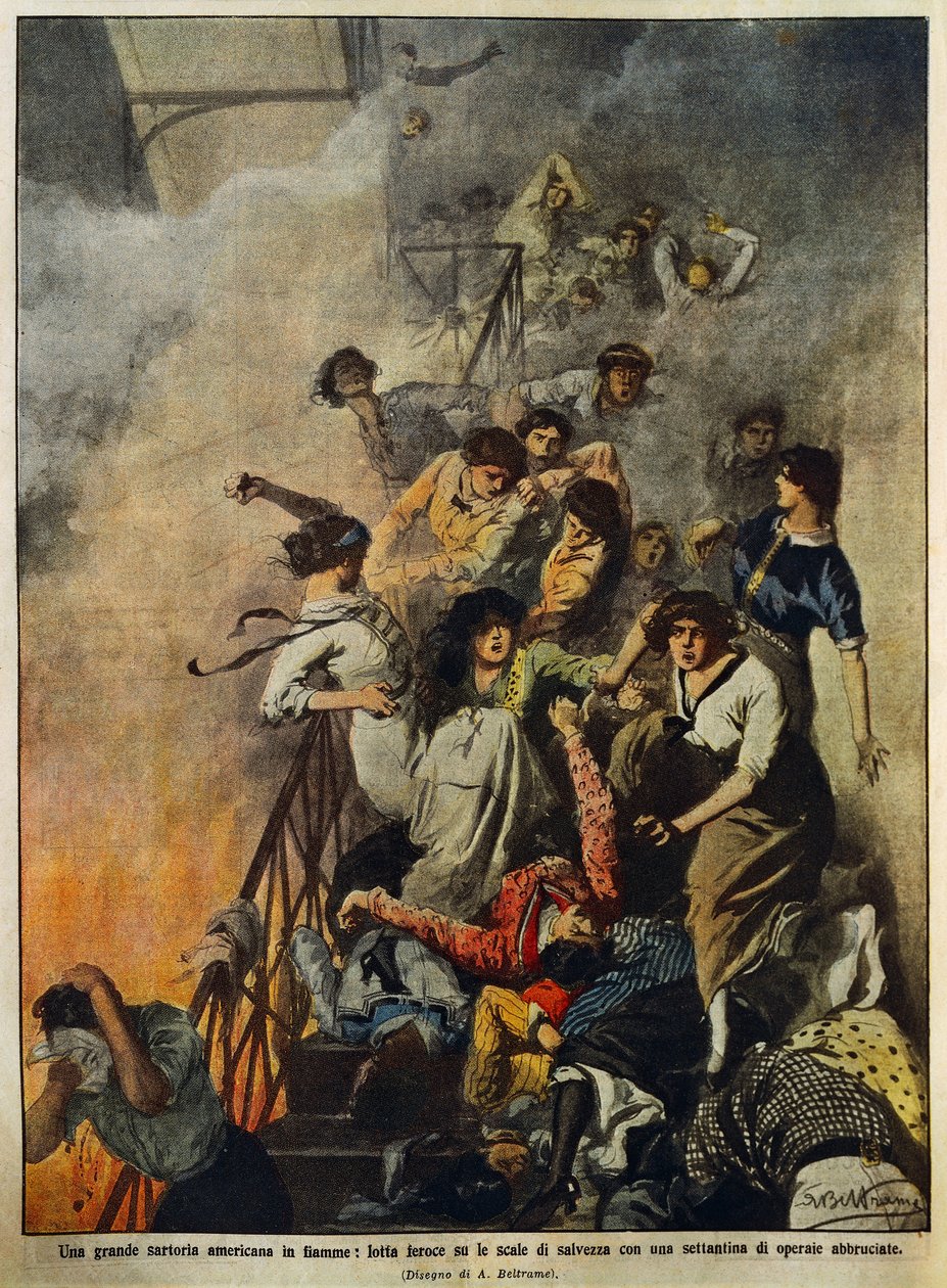 Brand i stor amerikansk tekstilfabrik: arbejdere på trappeopgang, illustration af Achille Beltrame (1871-1945), fra La Domenica del Corriere, 10. august af Achille Beltrame