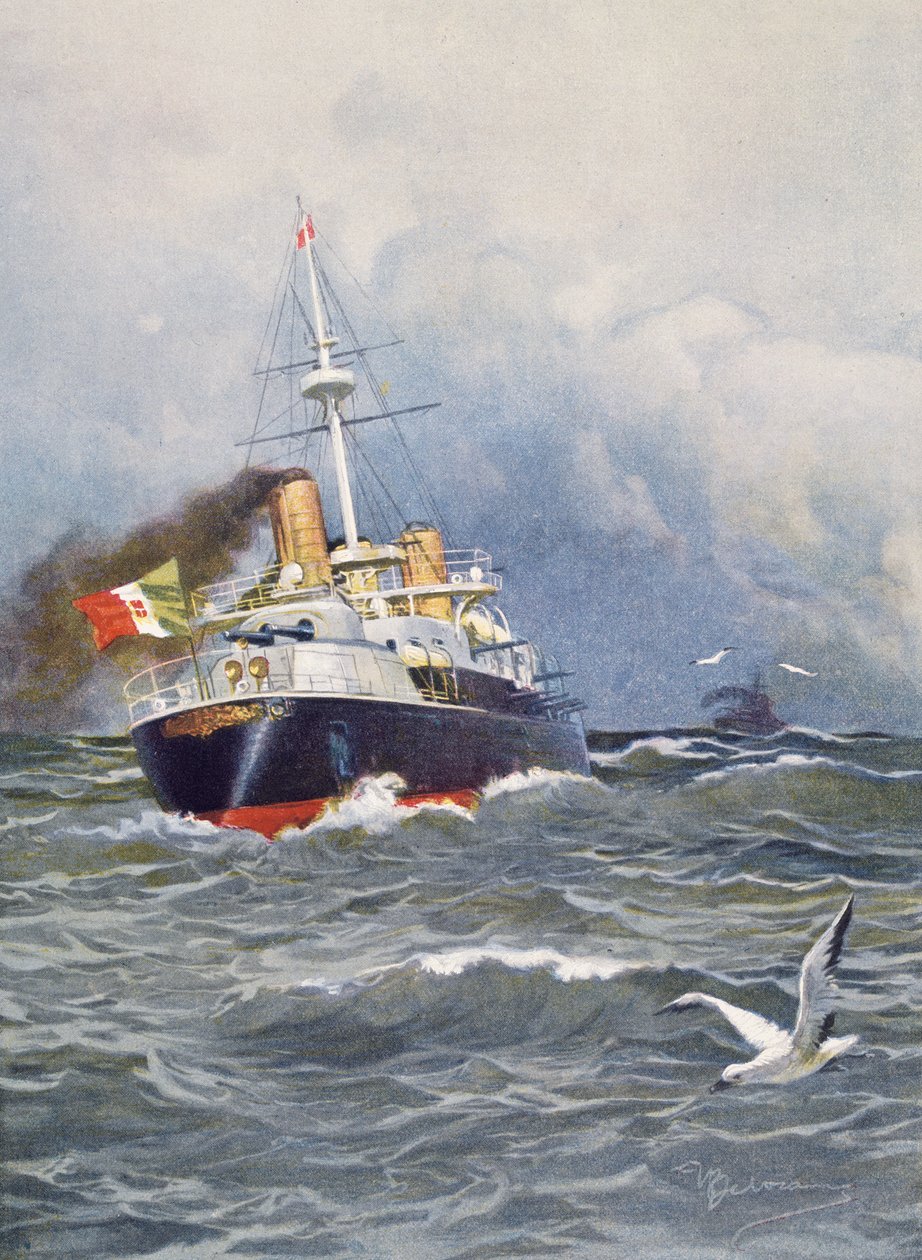 Førsteklasses slagskib Re Umberto, illustration af Achille Beltrame (1871-1945) fra ugebladet L