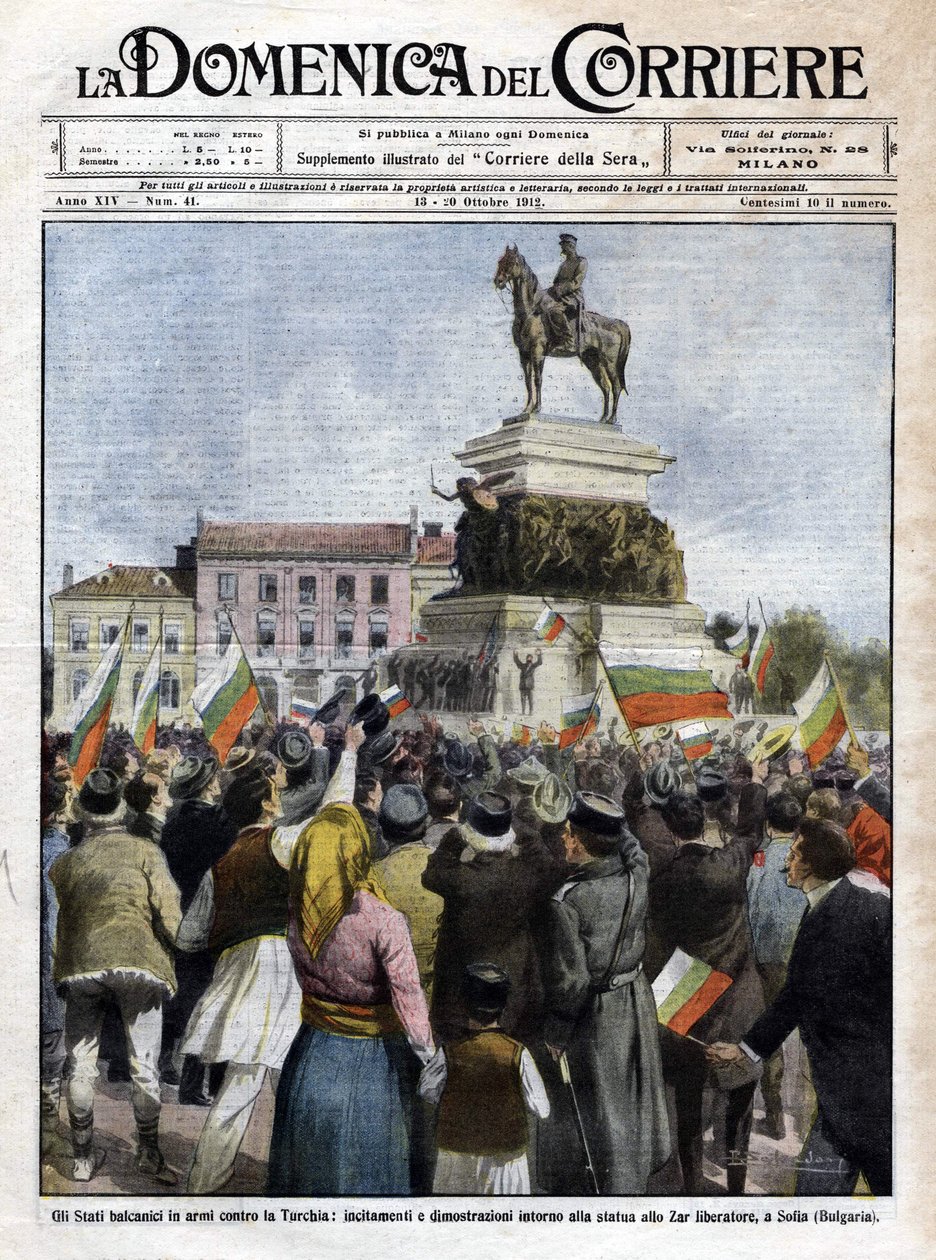 Første Balkankrig: demonstrationer foran statuen af zaren i Sofia, Bulgarien - Illustration af Beltrame i La Domenica del Corriere - oktober 1912 (Første Balkankrig: demonstration i Sofia, Bulgarien) af Achille Beltrame