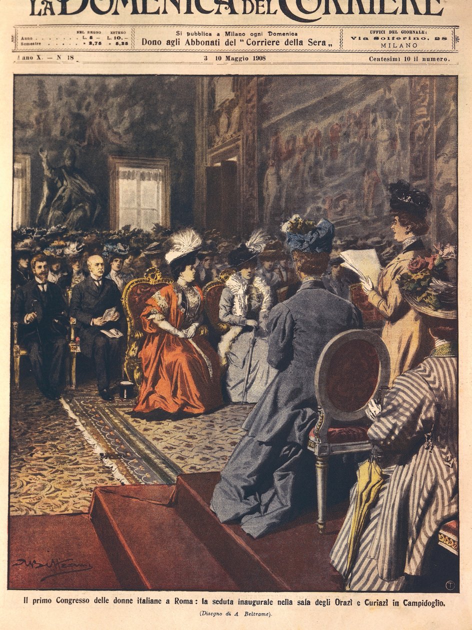 Første italienske kvindekongres i Capitol, Rom, illustration af Achille Beltrame fra La Domenica del Corriere, 3. maj af Achille Beltrame