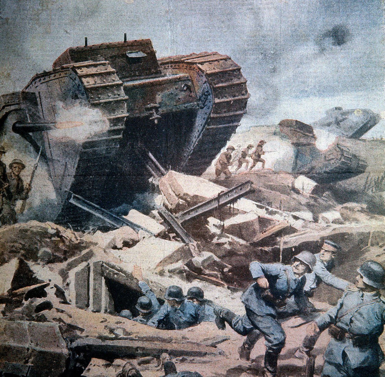 Første Verdenskrig (1914-1918): "" Angreb på engelske kampvogne i Picardie"" Illustration af Achilles beltrame fra La Domenica del Corriere 1916 af Achille Beltrame