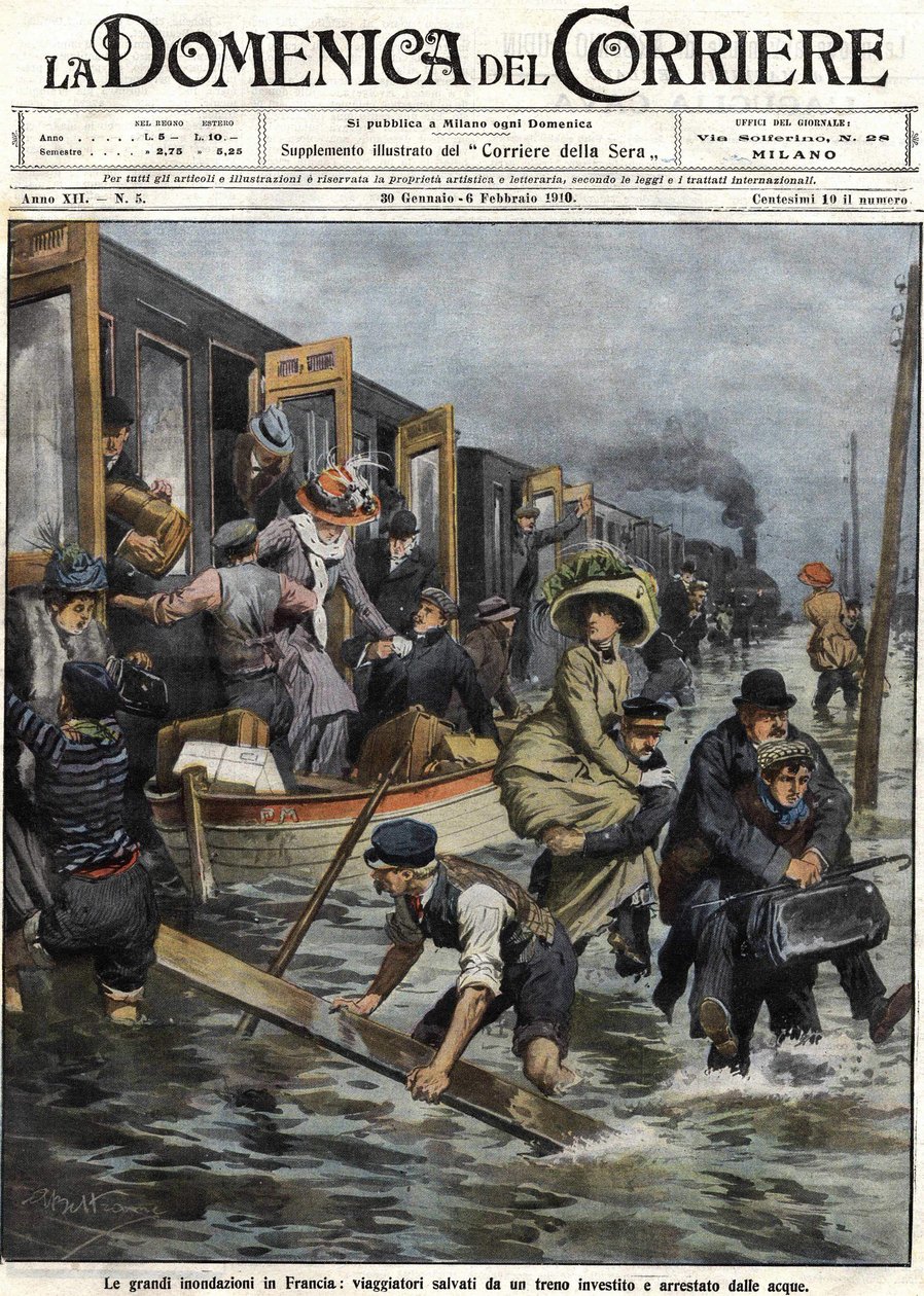 Oversvømmelser i området omkring Paris i januar 1910 forsiden af "Domenica del corriere"" den 6. februar af Achille Beltrame