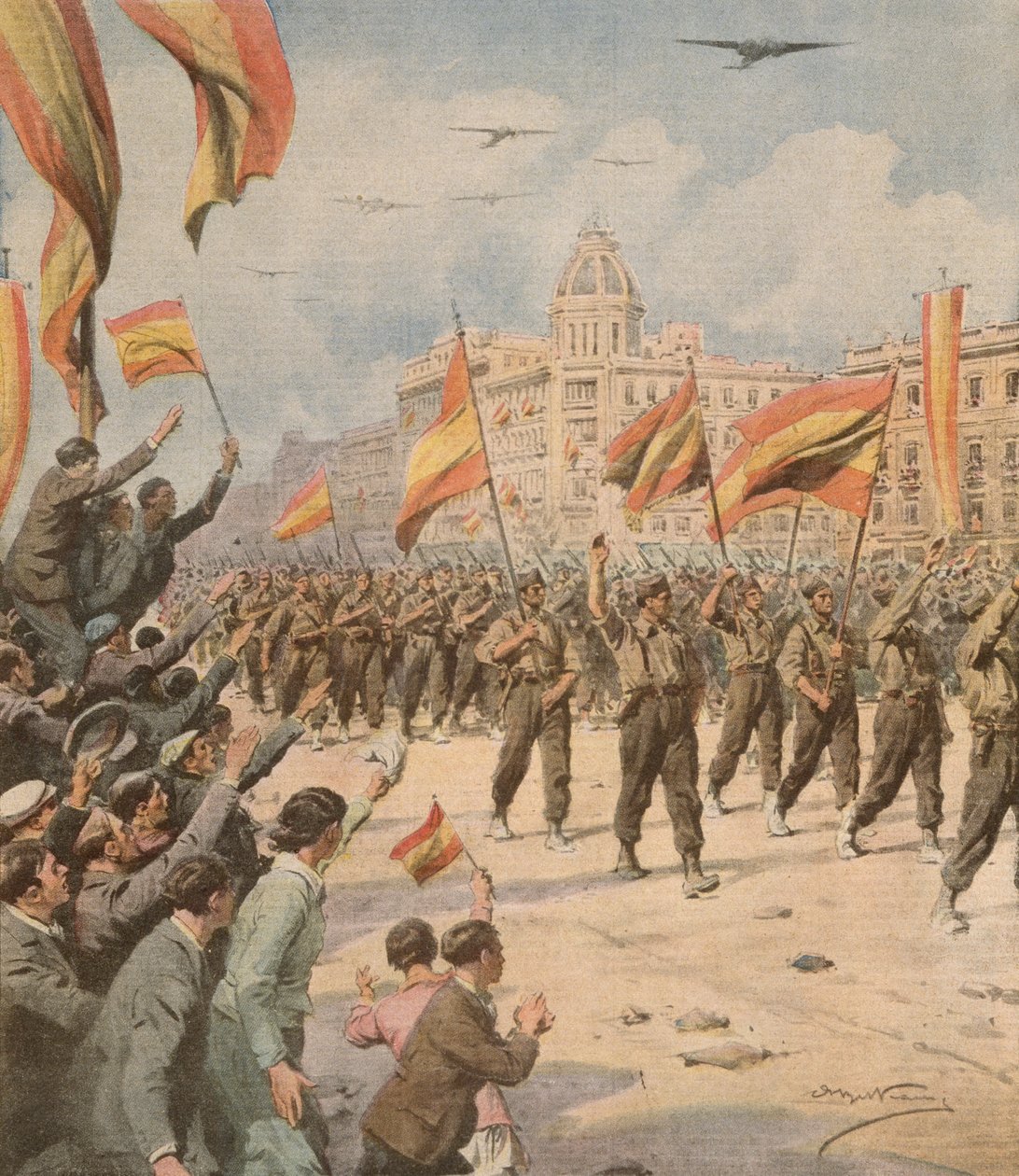 Francos Spanien går ind i Madrid med sine sejrsflag, Achille Beltrame (1871-1945) fra La Domenica del Corriere 2. april af Achille Beltrame
