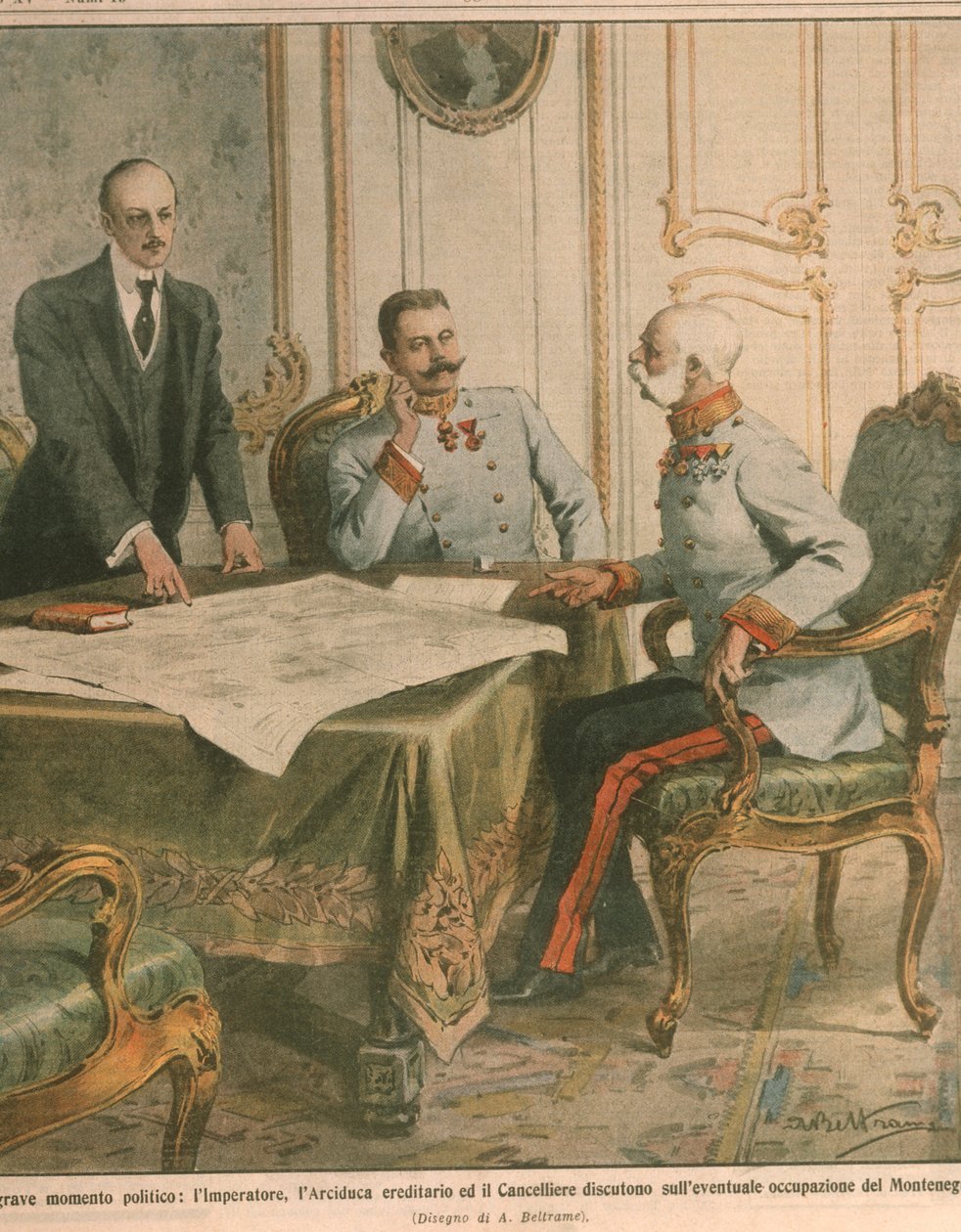 Franz Joseph I, kejser af Østrig, diskuterer besættelsen af Montenegro, forsideillustration fra 