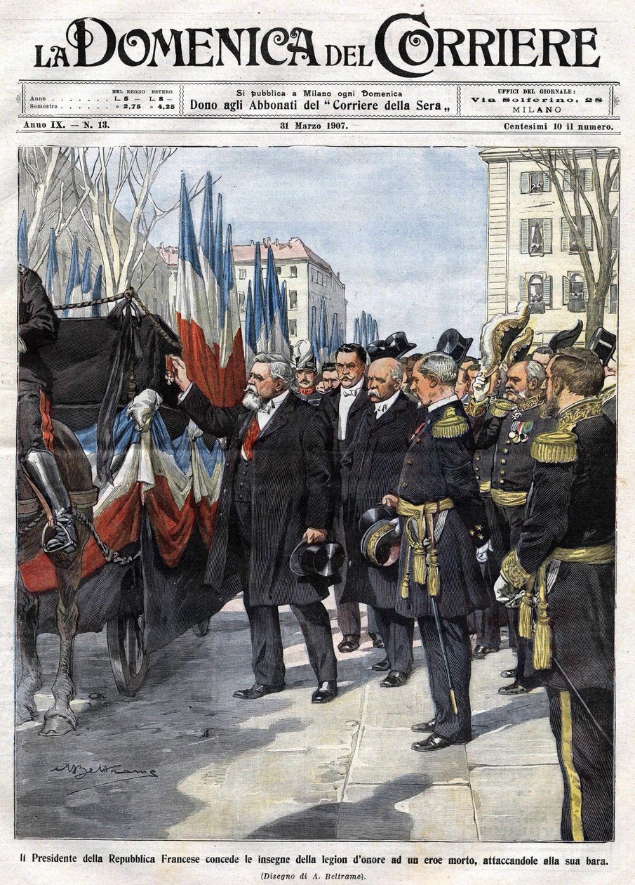 Den franske præsident Armand Fallieres (1841 - 1931) overrækker Æreslegionens medalje til en helt, der døde i kamp. Ill. de Beltrame. La Domenica del Corriere. 31/03/1907. af Achille Beltrame