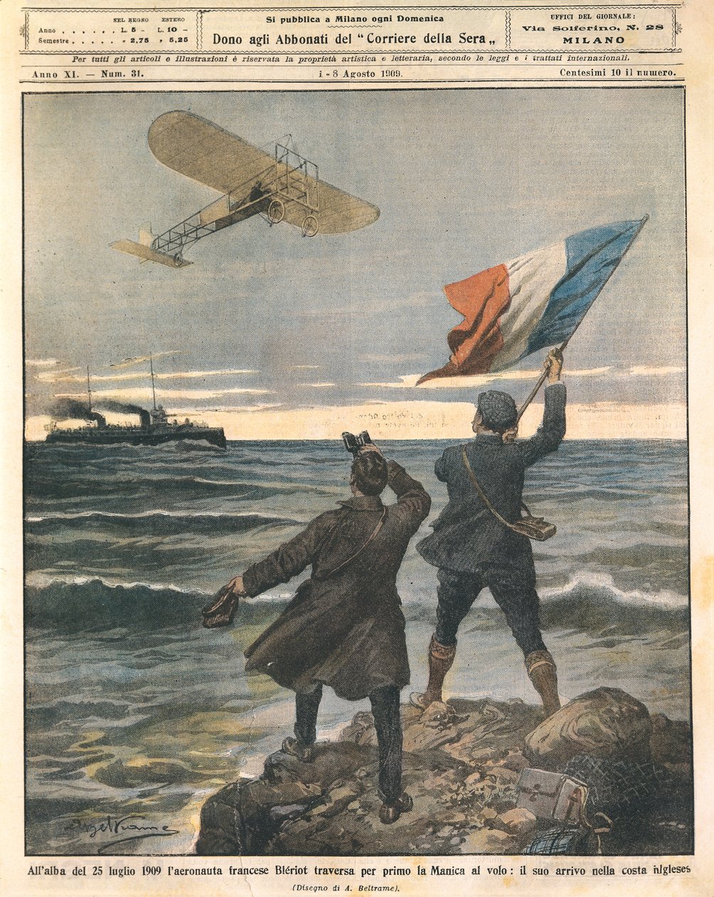 Den franske flyver Louis Bleriot, første person, der krydser Den Engelske Kanal, fejrer på den engelske kyst, 25. juli af Achille Beltrame