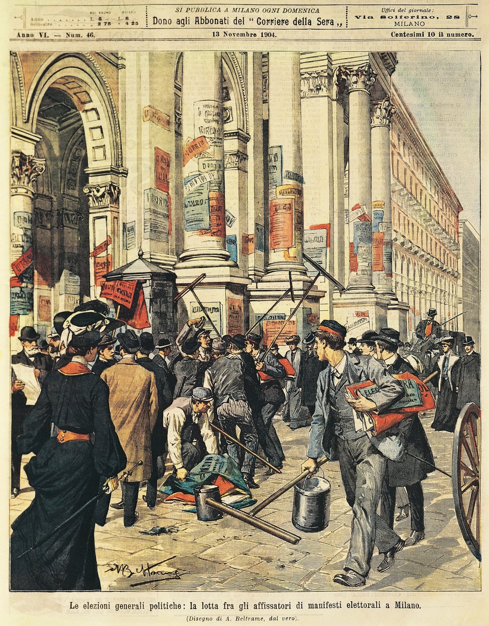 Folketingsvalg i Milano: konfrontationer mellem mennesker, der hænger politiske plakater i Milano, af Achille Beltrame (1871-1945), fra La Domenica del Corriere af Achille Beltrame