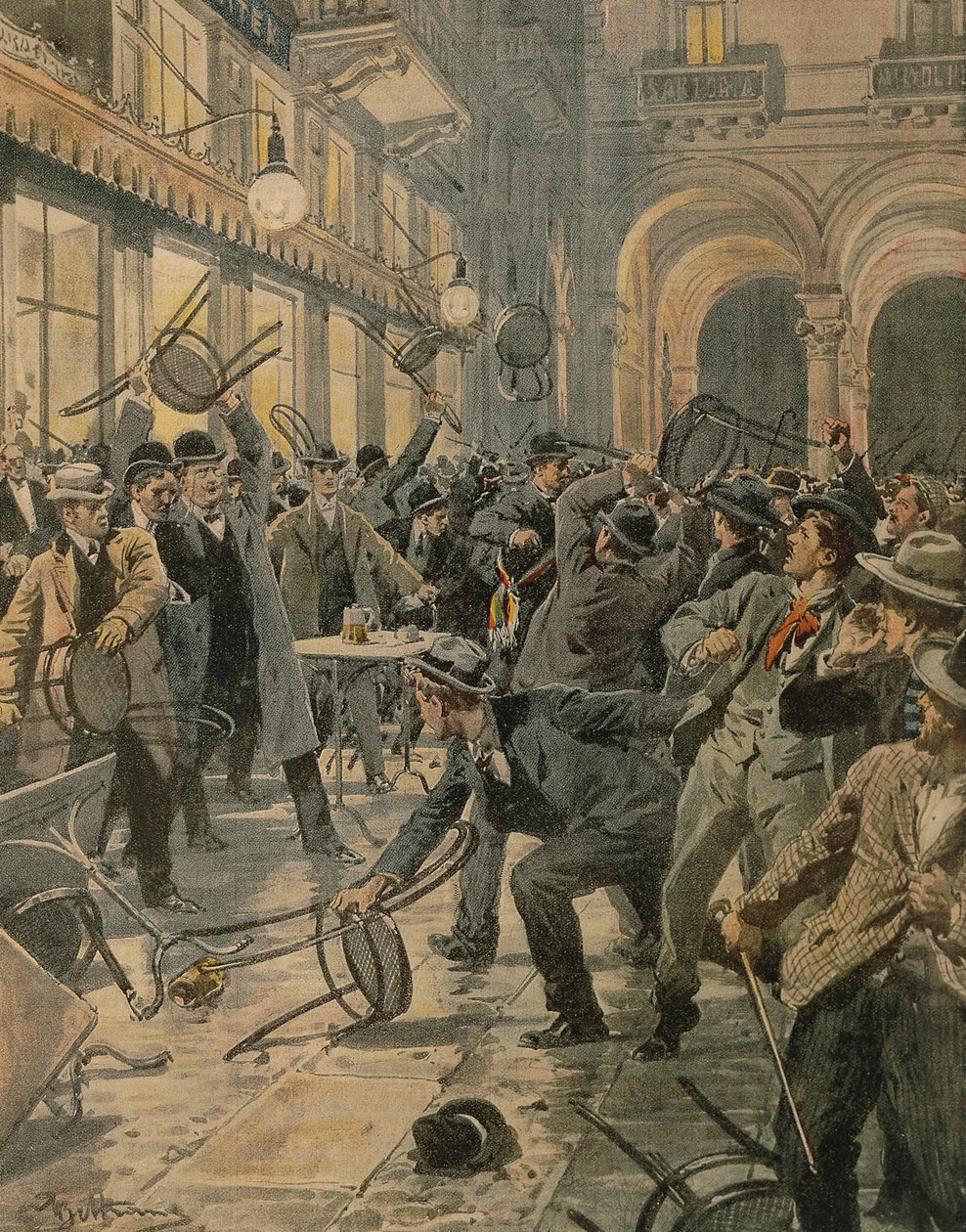 Generel arbejderstrejke i Milano, optøjer i Galleria Vittorio Emanuele II, af Achille Beltrame, illustration, Illustrator Achille Beltrame (1871-1945), fra La Domenica del Corriere af Achille Beltrame