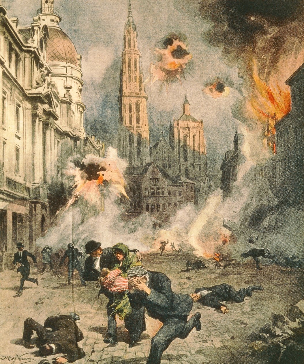 Tyskere bomber og besætter Antwerpen, af Achille Beltrame (1871-1945), illustration fra La Domenica del Corriere af Achille Beltrame