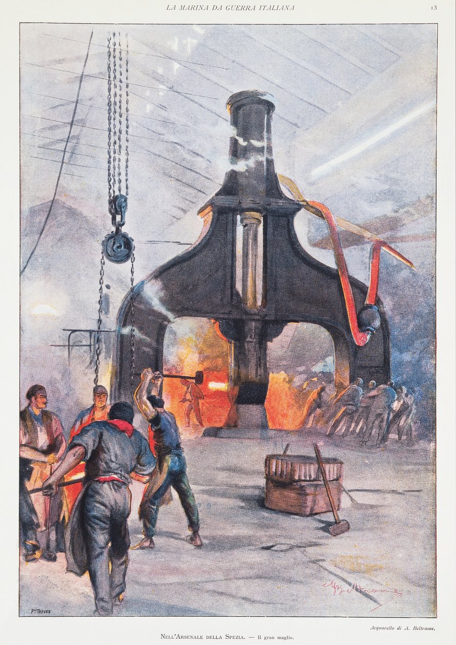 Kæmpehammer ved arsenal i La Spezia, af Achille Beltrame, illustration, Illustrator Achille Beltrame (1871-1945), fra La Domenica del Corriere af Achille Beltrame