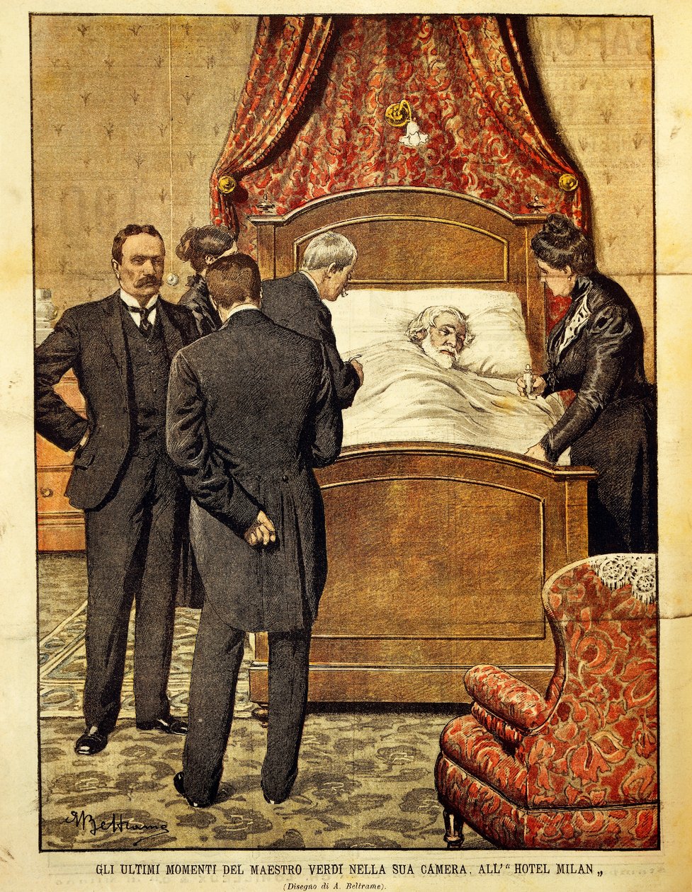 Giuseppe Verdi (1813-1901) døende, illustration af Achille Beltrame (1871-1945). Italien, 20. århundrede. af Achille Beltrame