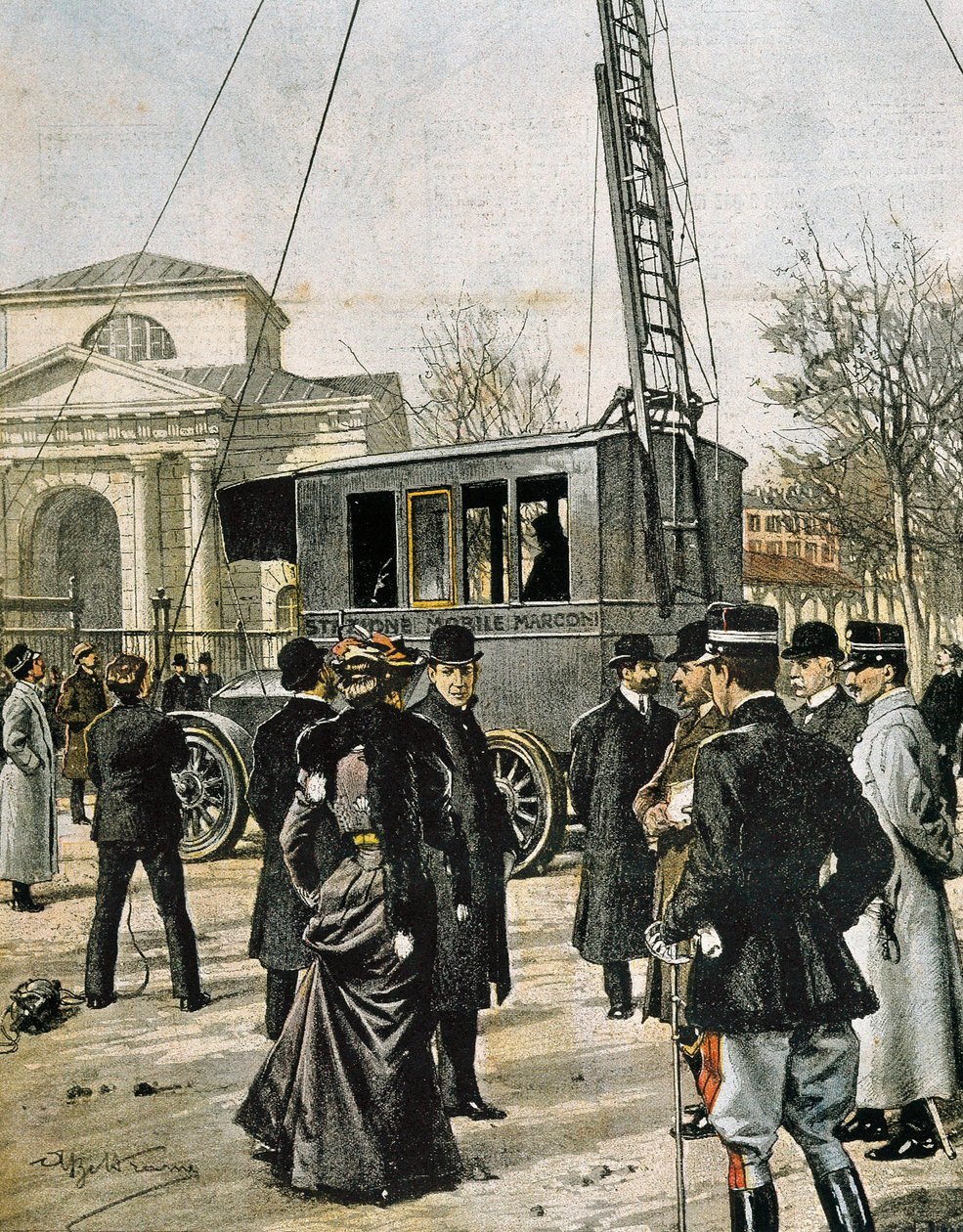 Guglielmo Marconi assisterer i Milano til testen af den første Stazione Radio Mobile. Illustration af Achille Beltrame til "Domenica del Corriere"" (1906). Gravering. af Achille Beltrame