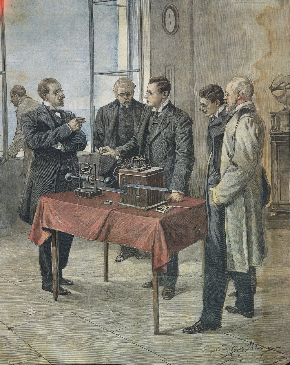 Guglielmo Marconi tester den trådløse telegrafi over Den Engelske Kanal. Illustration af Achille Beltrame på den italienske avis 