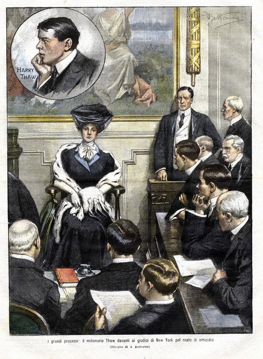 Harry Thaws retssag i New York i 1907. Harry Thaw, søn af en familie af engrosindustrifolk, slagtede i 1906 arkitekten Stanford White, tidligere elsker af sin kone Evelyn. omslag af domenica del corriere af 3. marts 1907 illustration af Achille Beltra af Achille Beltrame