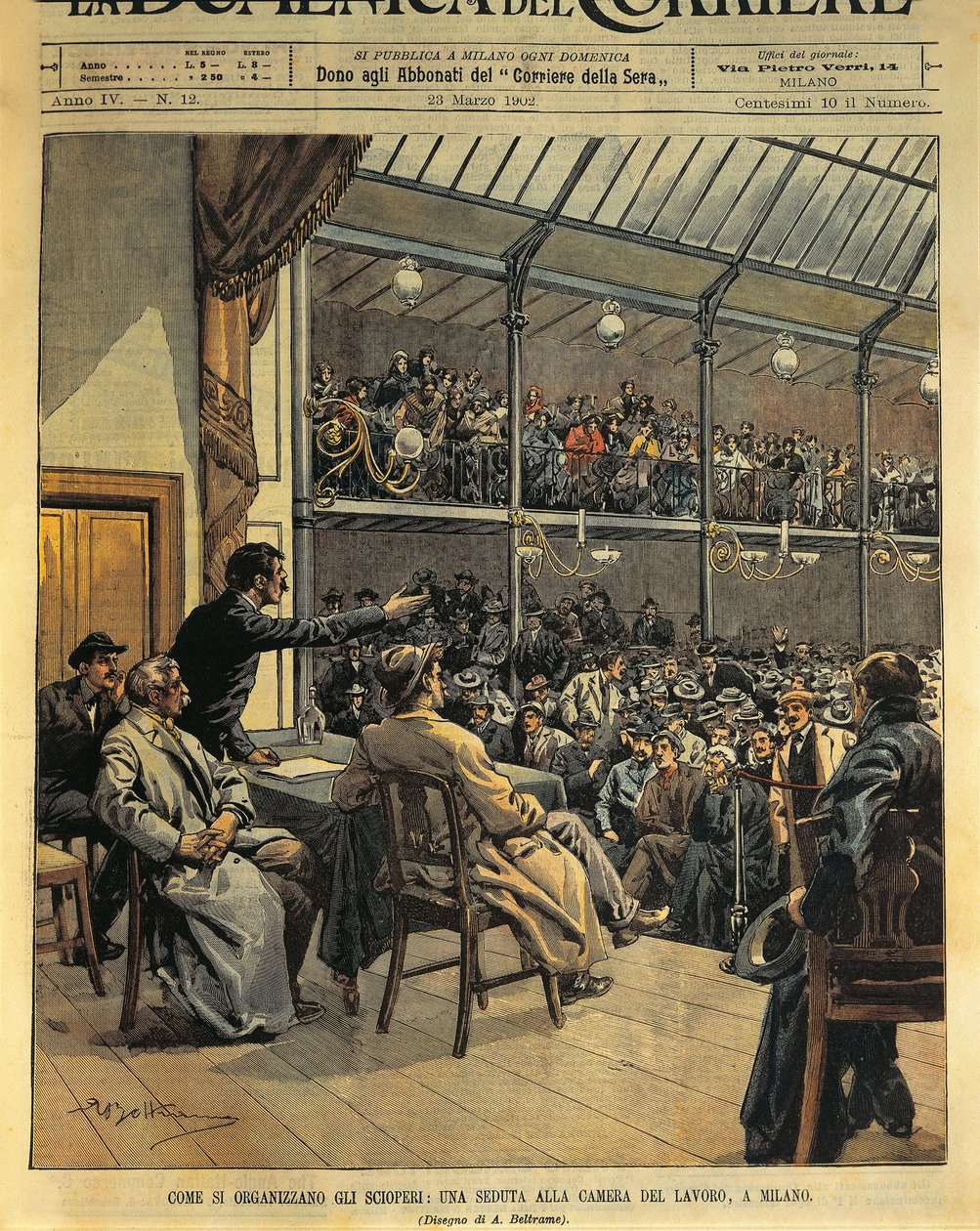Sådan organiseres strejker, møde i Arbejdskammeret i Milano, illustration af Achille Beltrame fra La Domenica del Corriere, 23. marts af Achille Beltrame