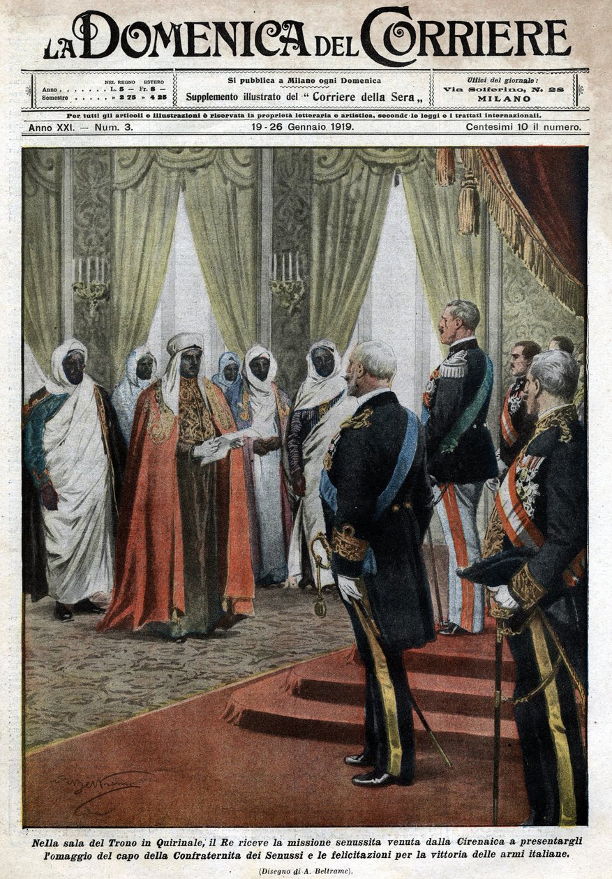 I tronsalen ved Quirinale-paladset modtog den italienske konge Victor Emmanuel III (Victor Emmanuel) (Vittorio Emanuele) den senousistiske mission fra Cyrenaique (i Libyen), som kom for at hylde og lykønske den italienske tros sejr af Achille Beltrame
