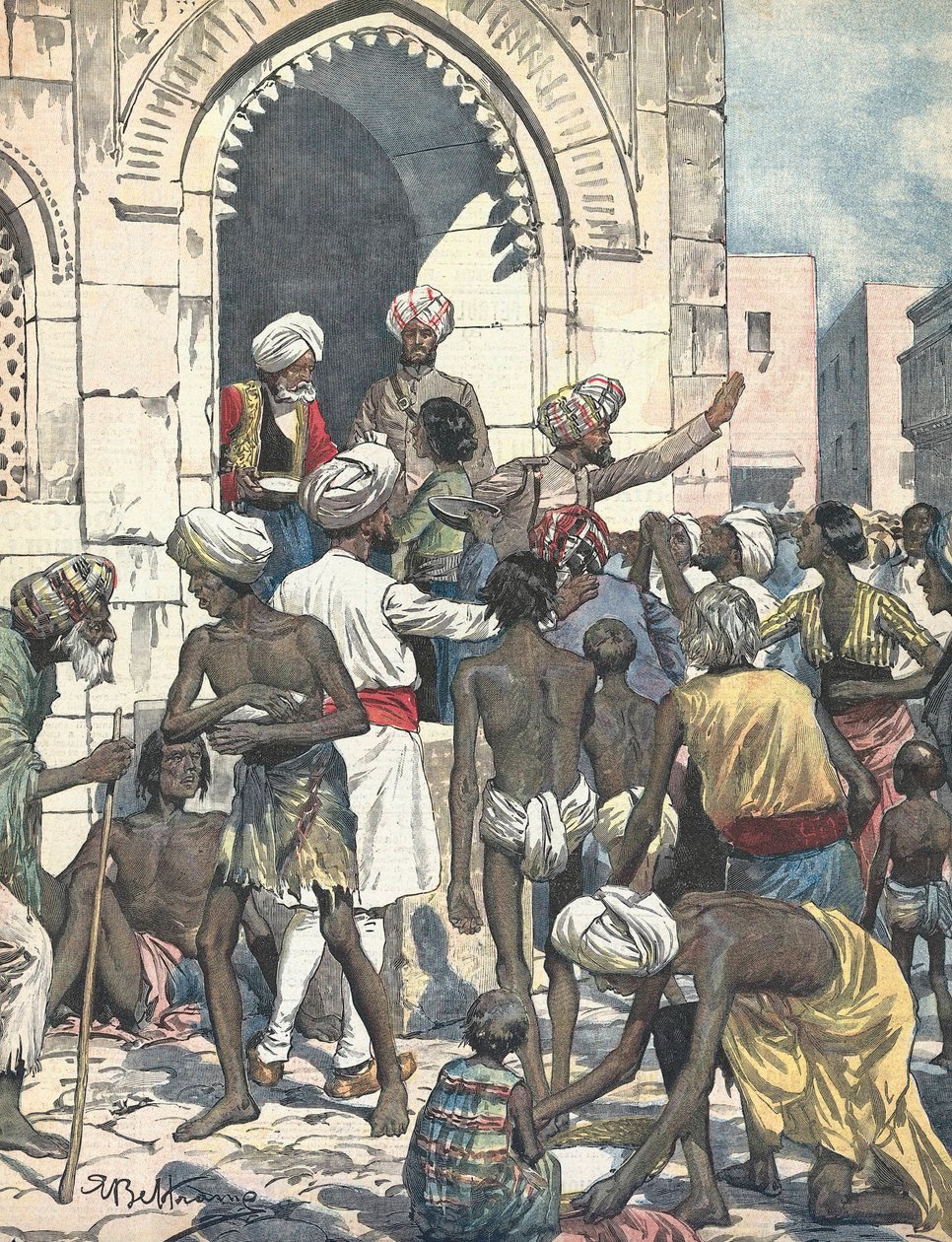 Indien. Tørke forårsager epidemier. Uddeling af mad. Illustreret af Antonio Beltrame. "La domenica del Corriere"". 26. februar af Achille Beltrame