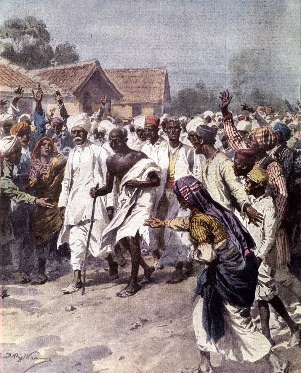 Den indiske politiske leder og åndelige guide Mohandas Karamchand Gandhi (1869-1948) (Mahatma) begyndte den 12/03/1930 en saltmarch for at opnå Indiens uafhængighed fra briterne. Illustration af Achille Beltrame fra "La domenica del Corriere"" 1930 af Achille Beltrame