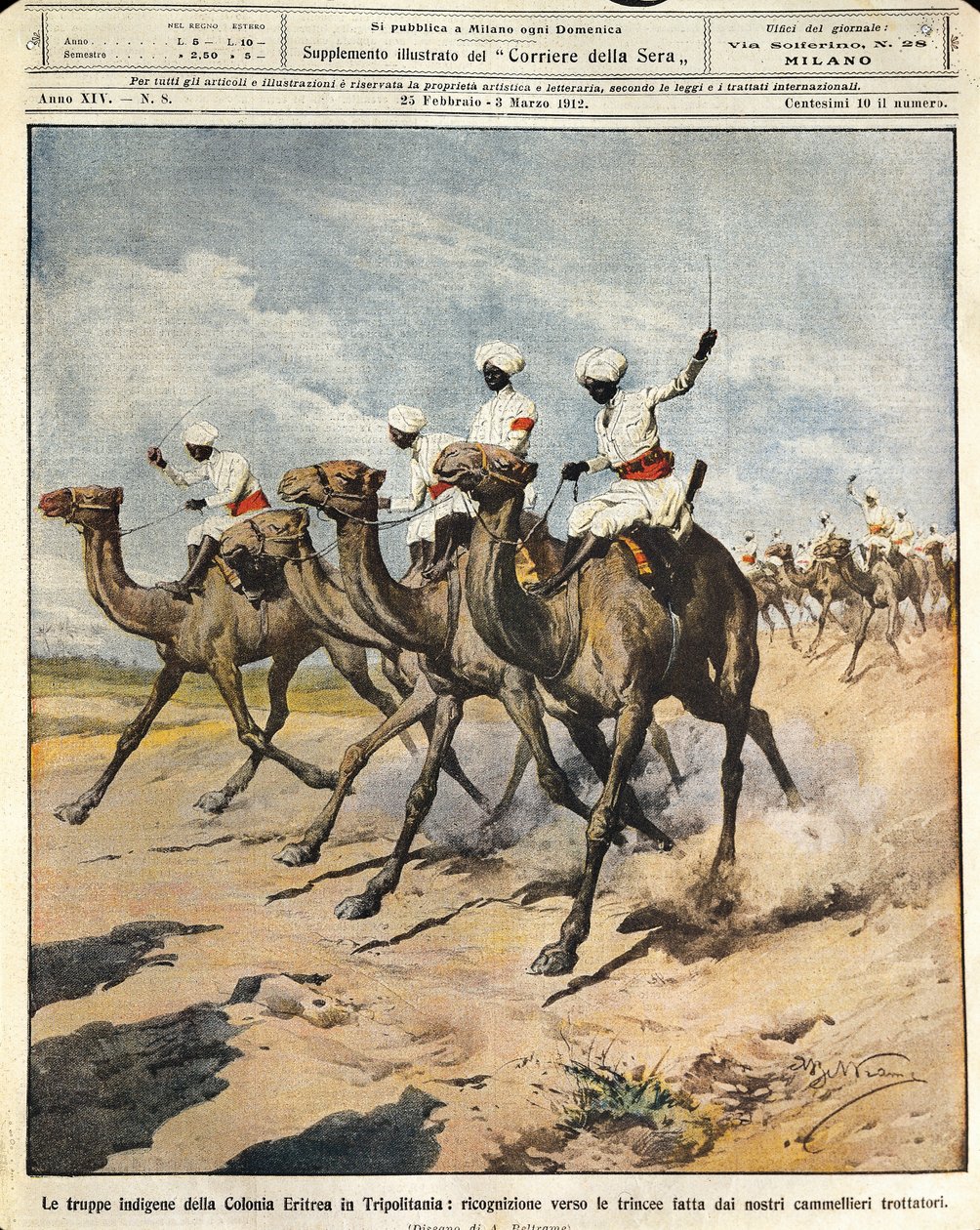 Indfødte tropper fra den eritreiske koloni i Tripolitanien, illustrator Achille Beltrame (1871-1945), fra La Domenica del Corriere, 25. februar 1912 af Achille Beltrame