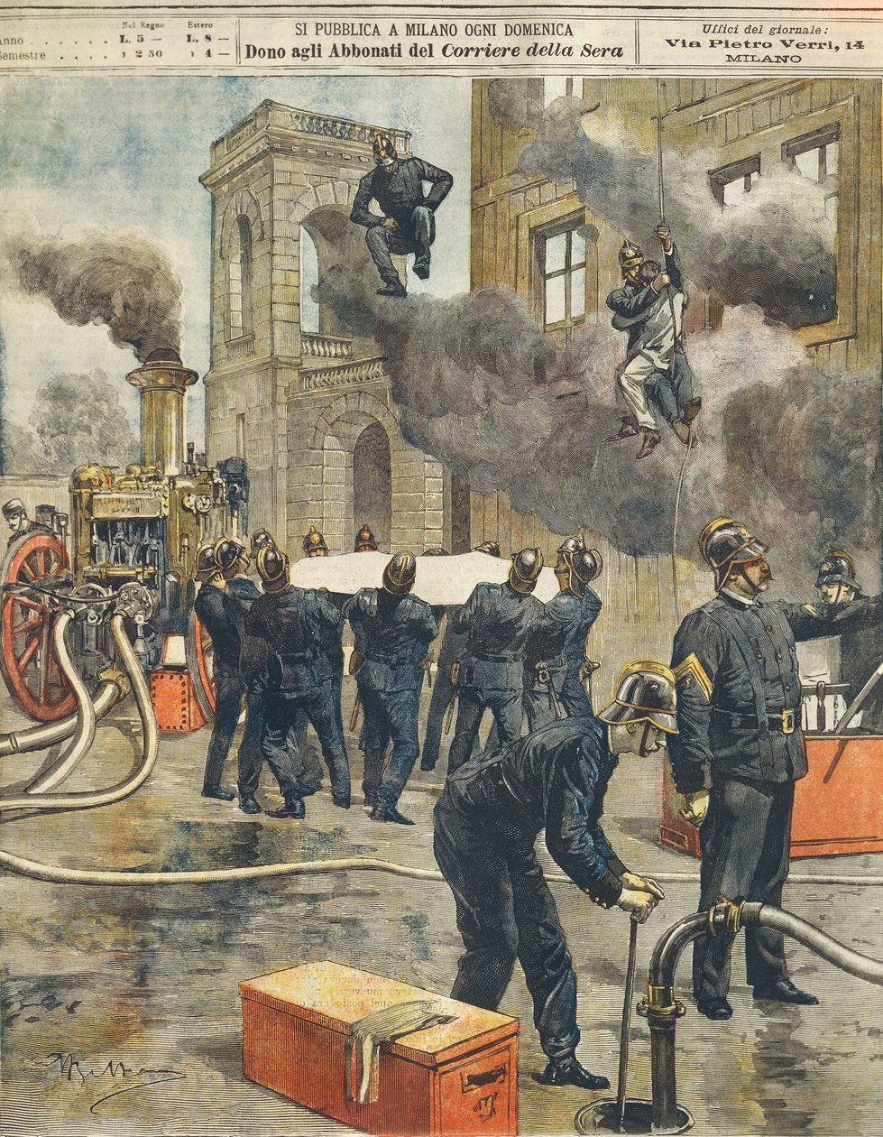 Italienske brandmandskongres og demonstration i Arena i Milano af Achille Beltrame (1871-1945), fra La Domenica del Corriere, 24. september 1899 af Achille Beltrame