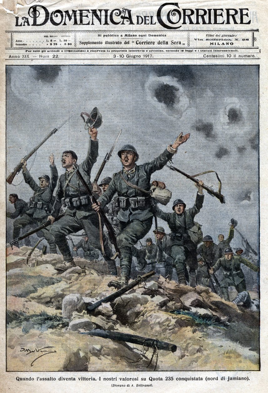 Italiensk hær sejrede over østrig-ungarske tropper på Karst-bjergene i Slovenien. Italienerne rykkede således frem mod Trieste. Ill. de Beltrame. La Domenica del Corriere. 06/1917. af Achille Beltrame