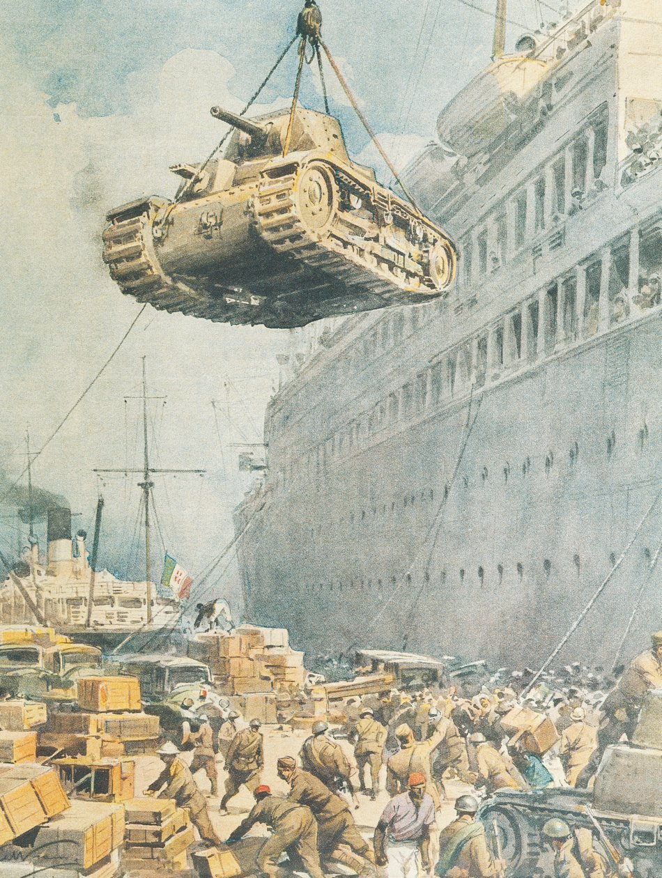Italiensk konvoj ankommer til sin destination i Libyen, af Achille Beltrame, illustration, Illustrator Achille Beltrame (1871-1945), fra La Domenica del Corriere af Achille Beltrame