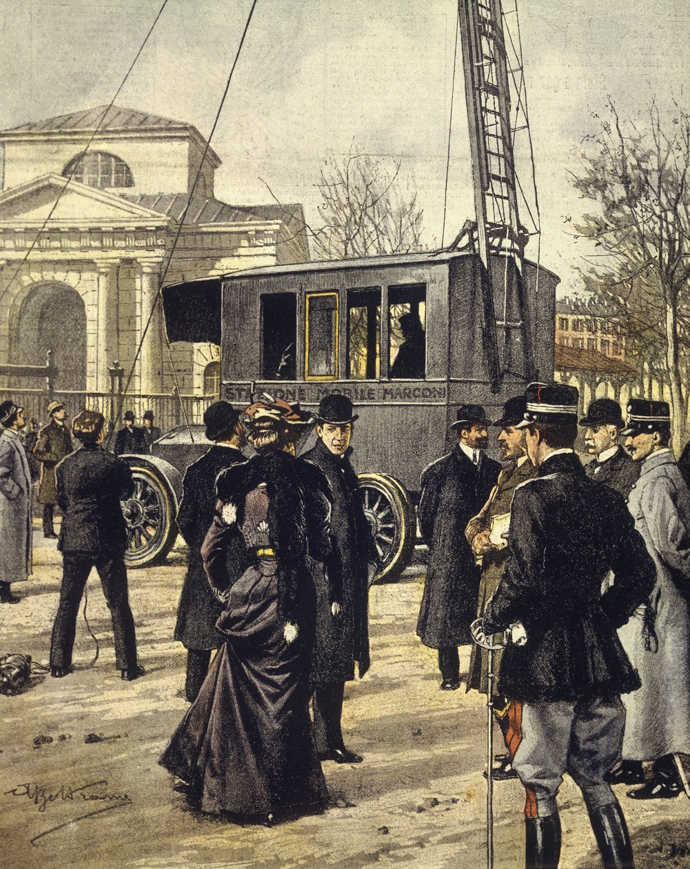 Den italienske fysiker Guglielmo Marconi deltager i eksperimenter med den første mobilradiostation i Milano den 30. december af Achille Beltrame