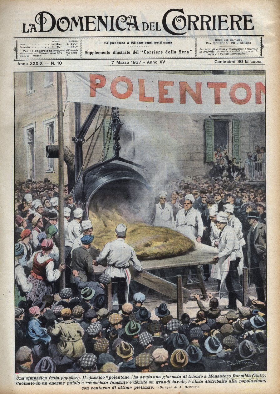 Italiensk populær festival: polenta geante (polentone) arrangeret i en by nær Asti i Veneto. Illustration af Achille Beltrame i "La Domenica del Corriere" "af 07/03/1937. af Achille Beltrame