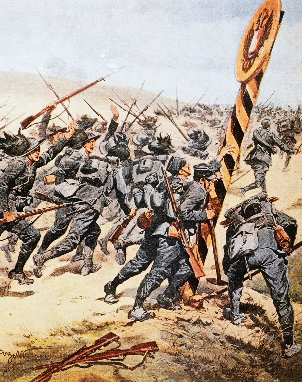 Italienske soldater krydser den østrigske grænse, af Achille Beltrame (1871-1945), illustration fra La Domenica del Corriere, juni 1915 af Achille Beltrame