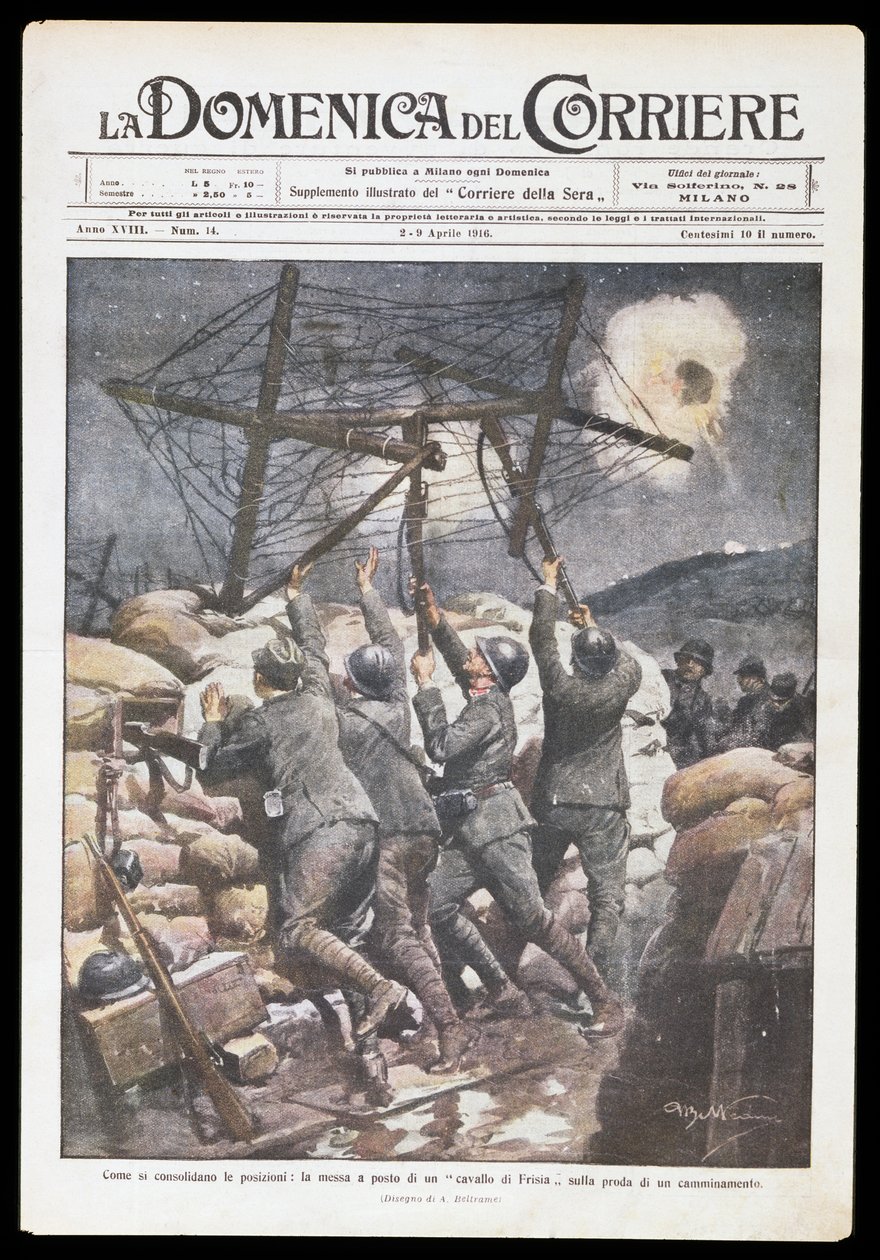 Italienske soldater sætter frisisk hest på skyttegrav, tallerken af Achille Beltrame (1871-1945) til Domenica del Corriere, 2-9 april 1916, Første Verdenskrig, Italien, 20. århundrede af Achille Beltrame